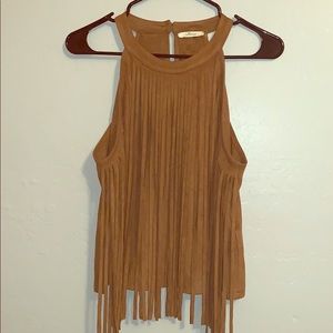 Brown fringe high neck top.